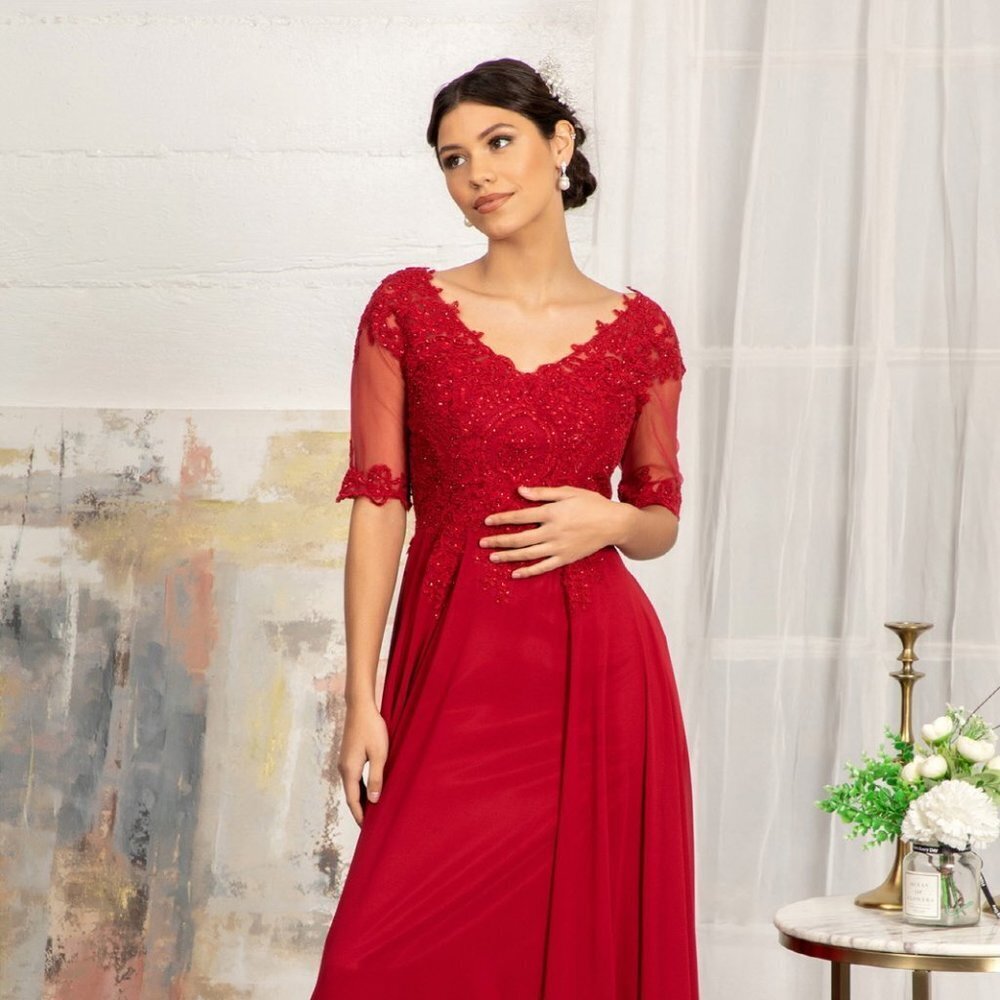 NEW LONG A-LINE CHIFFON EMBROIDERED DRESS WITH ZIPPER BACK & 3\4 SLEEVES GL1982